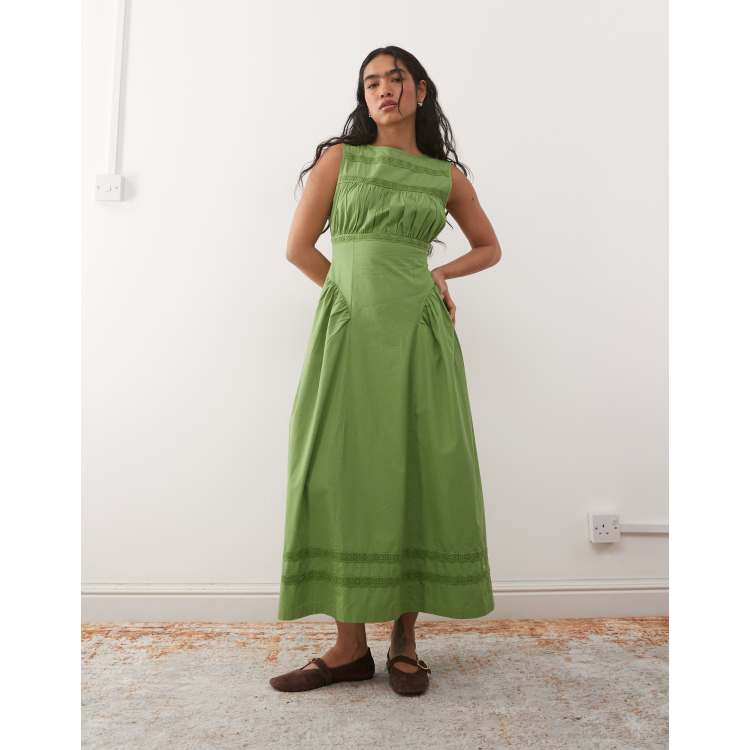 Reclaimed Vintage midi sun dress with drop waist and lace trim in green |  ASOS