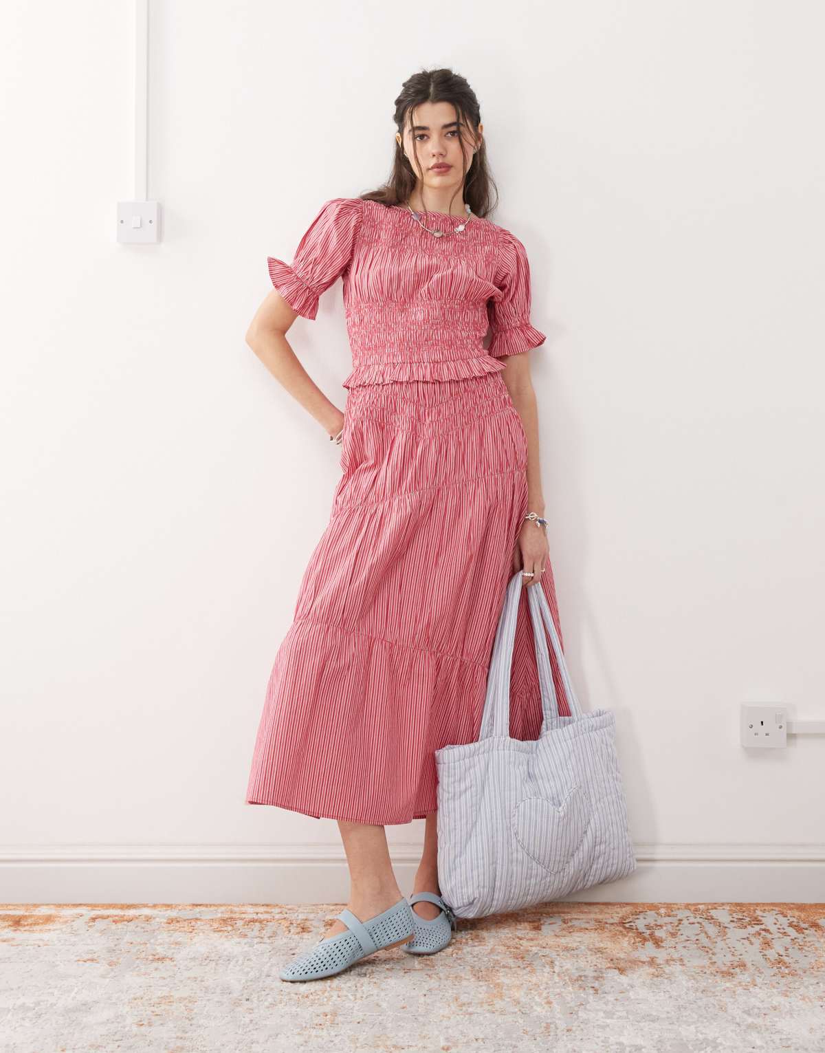 Reclaimed Vintage midi sun dress with puff sleeve and shirred detail in red stripe