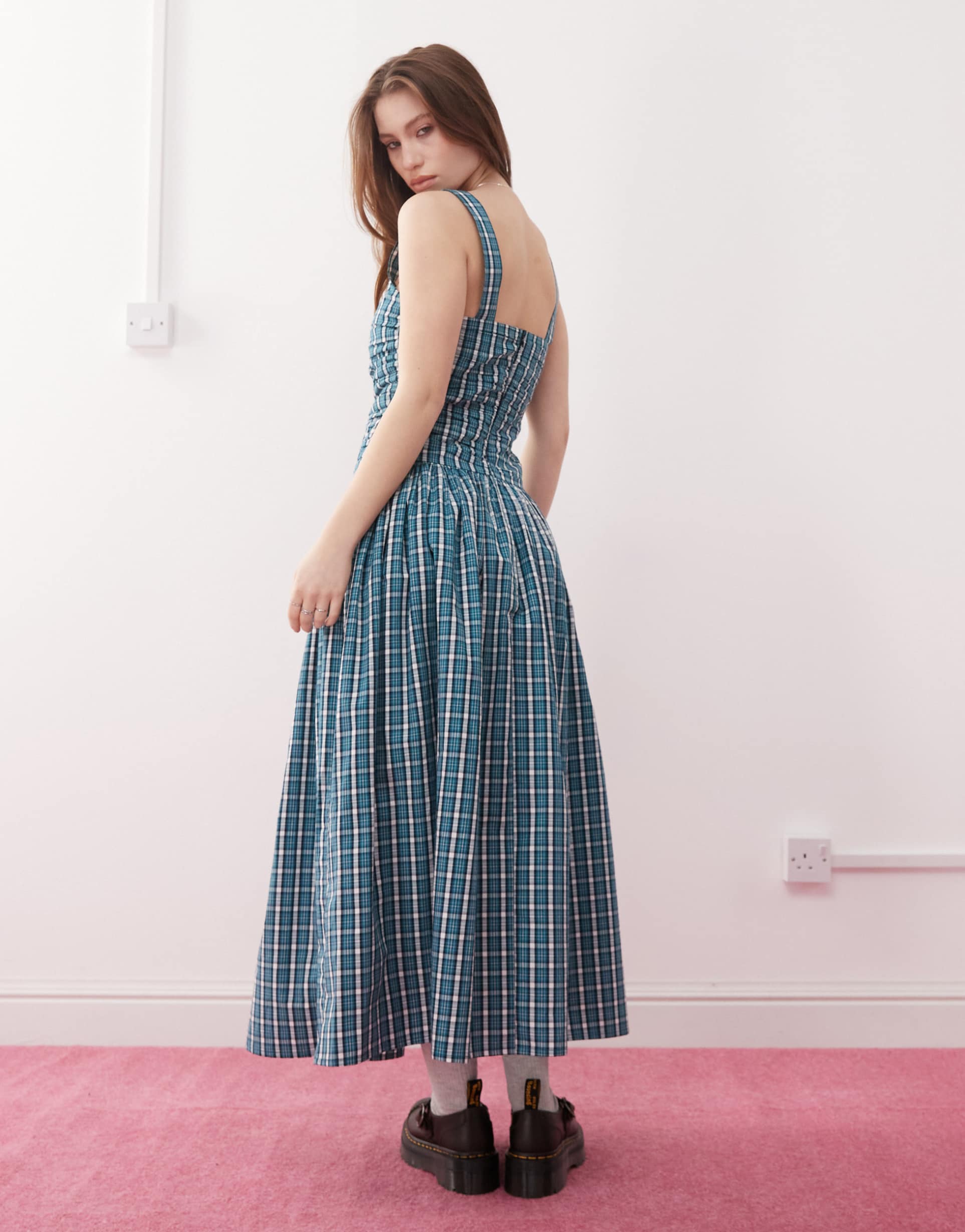 reclaimed vintage midi sundress with drop waist in green check