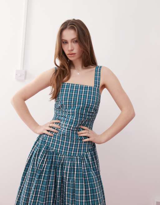 Reclaimed Vintage midi dress with drop waist in green plaid