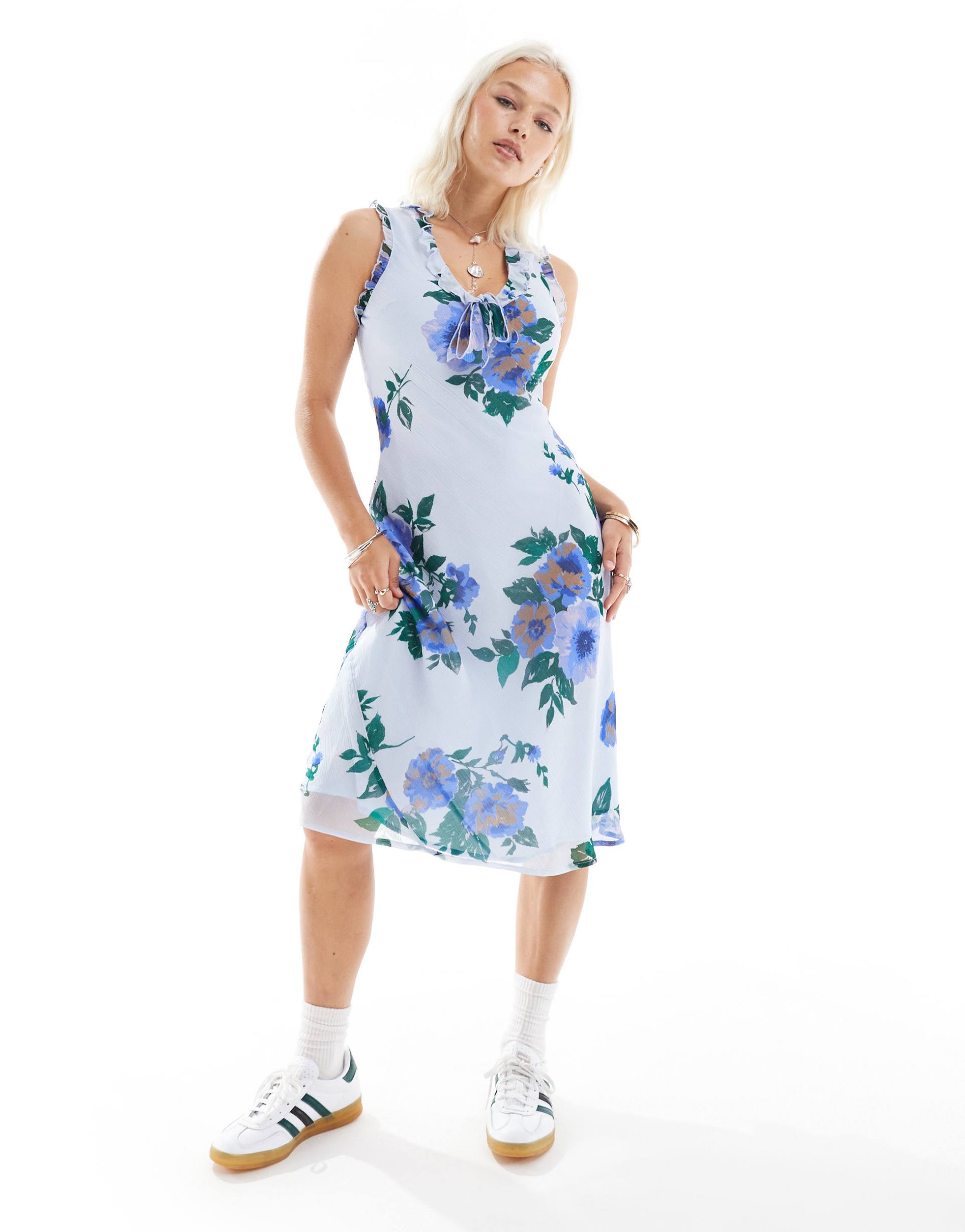 reclaimed vintage midi tea dress in blue floral print