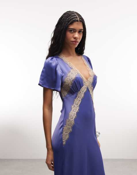 Reclaimed Vintage midi tea dress in blue with lace inserts - view 1