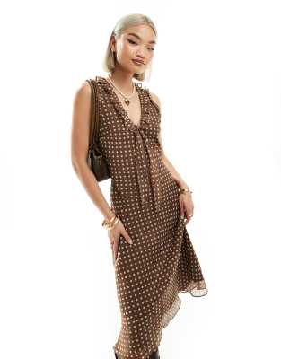 midi tea dress in brown spot print-Multi