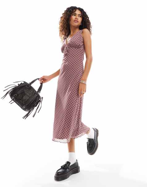 Reclaimed Vintage midi tea dress in burgundy dot print - view 1