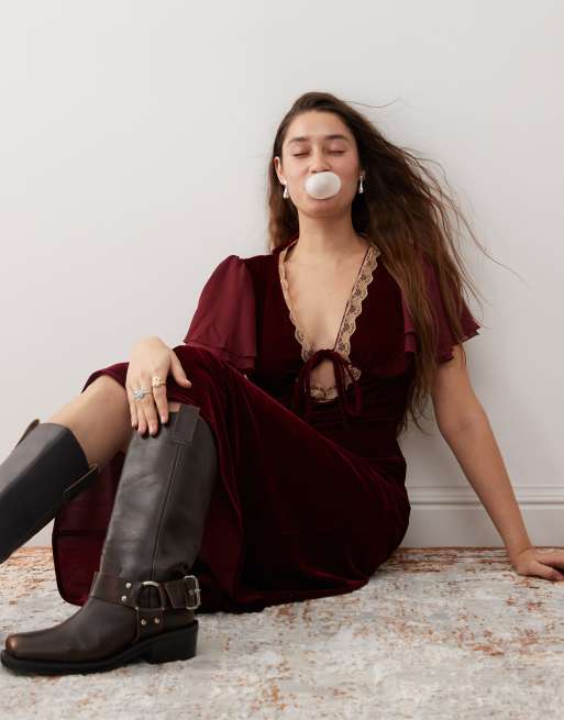 Reclaimed Vintage midi tea dress in burgundy velvet ASOS
