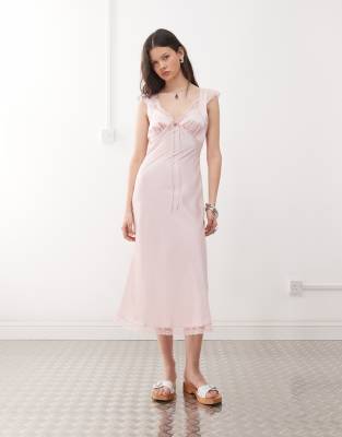 Reclaimed Vintage Reclaimed Vintage midi tea dress with lace inserts in baby pink-Multi