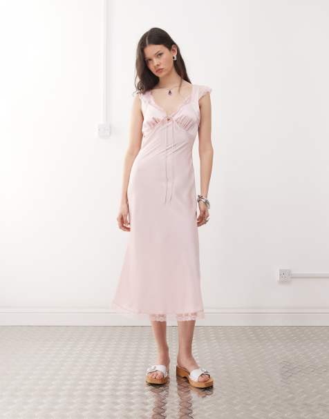 Reclaimed Vintage midi tea dress with lace inserts in baby pink - view 1