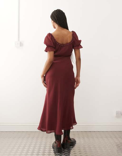 Reclaimed Vintage midi tea dress with lace inserts in burgundy, 2 of 4