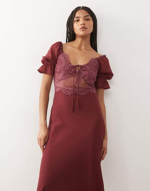Reclaimed Vintage midi tea dress with lace inserts in burgundy, 3 of 4