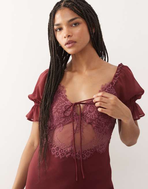 Reclaimed Vintage midi tea dress with lace inserts in burgundy, 4 of 4