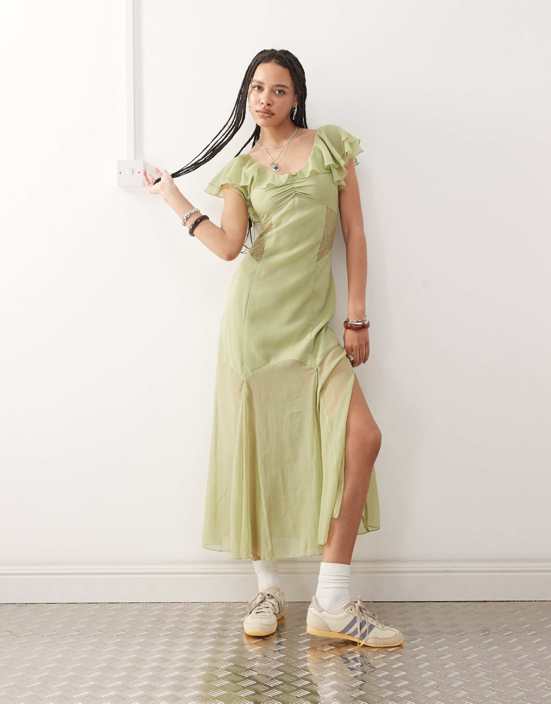 reclaimed vintage midi tea dress with lace panels and flutter sleeves in pastel green