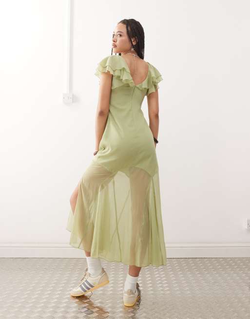 open lace back dress Light Green Satin Long A-Line Prom Dress, Cute Short Sleeve Evening Dr main image 0