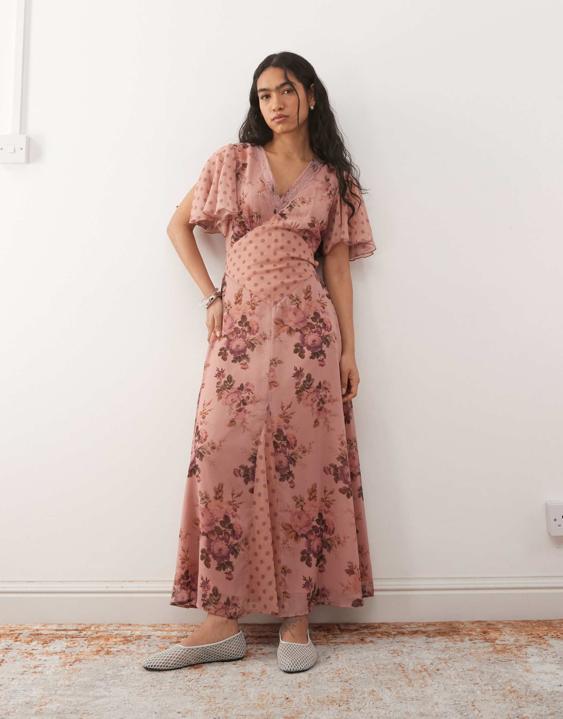 reclaimed vintage midi tea dress with lace trim and flutter sleeves in spliced pink floral and polka dot print