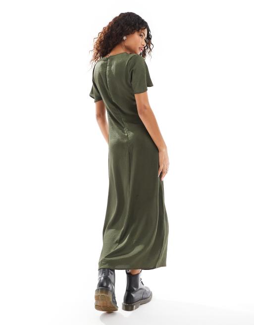 Reclaimed Vintage midi tea dress with lace trim in khaki