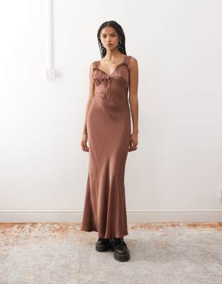 Reclaimed Vintage Midi Tea Dress With Lace Trims In Brown