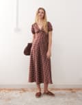 [Reclaimed Vintage] Reclaimed Vintage midi tea dress with puff sleeve and cross back in brown polka dot-Multi 14 BROWN