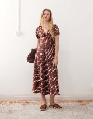 midi tea dress with puff sleeves and cross back in brown polka dots-Multi