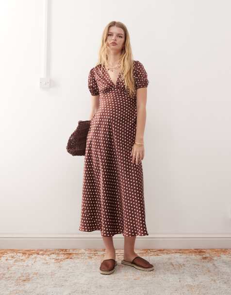 Reclaimed Vintage midi tea dress with puff sleeves and cross back in brown polka dots - view 1