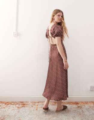 Reclaimed Vintage Midi Tea Dress with Puff Sleeves and Cross Back in Brown Polka dots-Multi Reclaimed Vintage midi tea dress with puff sleeves and cross back in brown polka  dots | ASOS