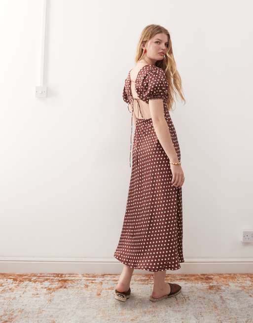 Reclaimed Vintage midi tea dress with puff sleeves and cross back in brown polka dots