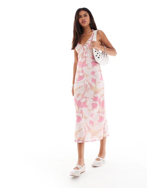Reclaimed Vintage midi tea dress with tie and ruffle in blurred floral print