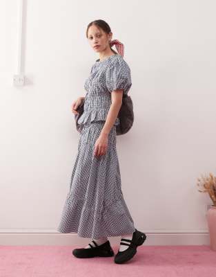 Reclaimed Vintage Reclaimed Vintage midi western skirt with ruching detail in blue check-Multi