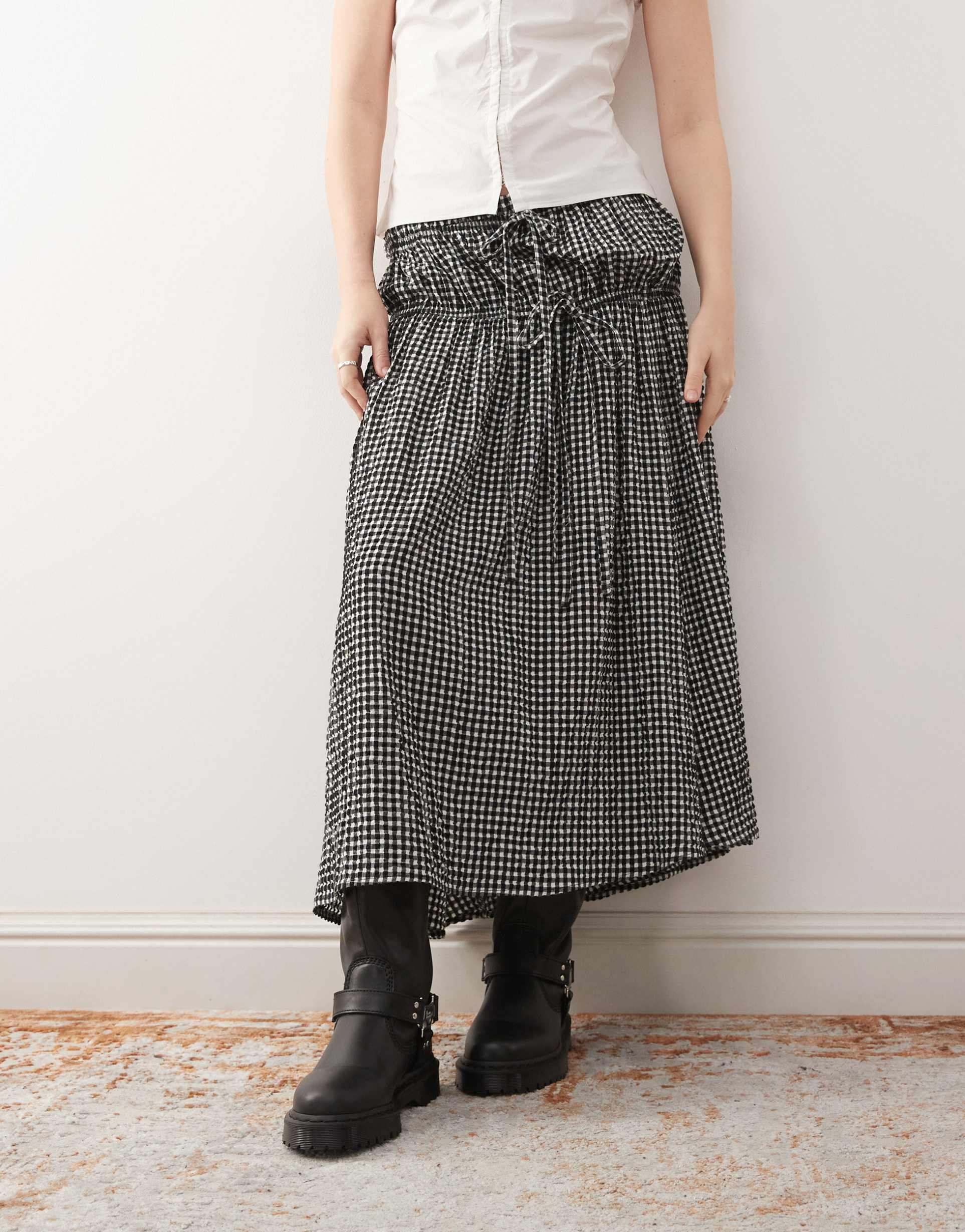 reclaimed vintage midi wrap skirt with bow details in black gingham
