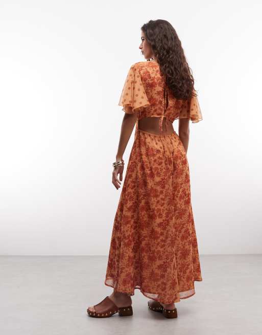 Reclaimed Vintage Midikleid im Tea-Dress-Stil mit Flatterärmeln in Rostrot mit Blumenmuster, 3 von 4