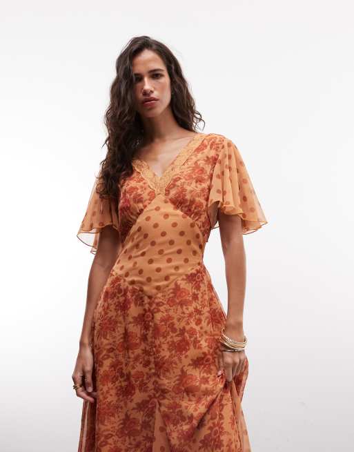 Reclaimed Vintage Midikleid im Tea-Dress-Stil mit Flatterärmeln in Rostrot mit Blumenmuster, 4 von 4