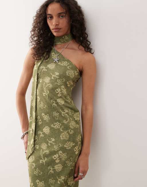 Reclaimed Vintage – Midikleid in Grün mit Print, One-Shoulder-Träger und Schaldetail, 4 von 4