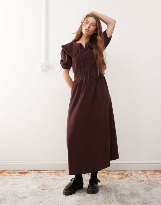 Reclaimed Vintage – Midikleid in Pflaume mit Cord-Kragen