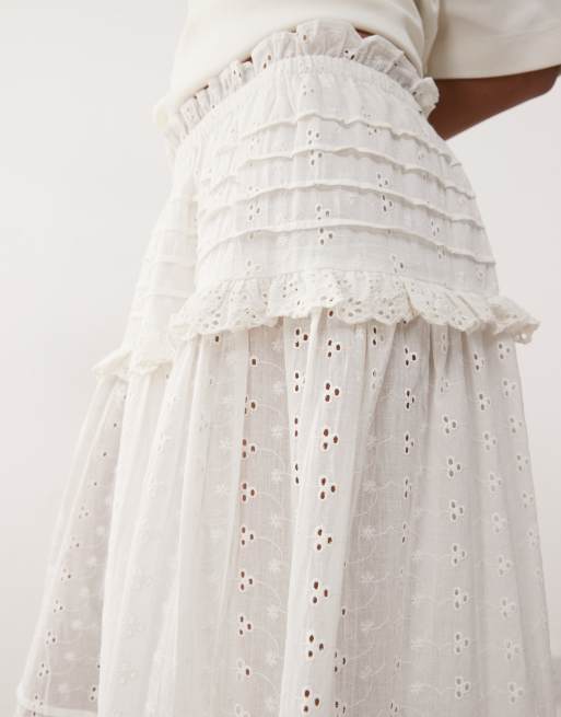 Reclaimed Vintage - Midirok met elastische taille en broderie in wit, 3 van 5