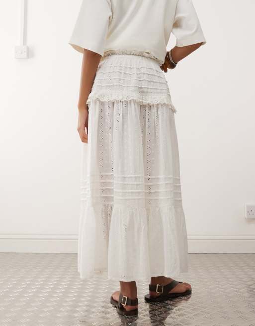 Reclaimed Vintage - Midirok met elastische taille en broderie in wit, 4 van 5