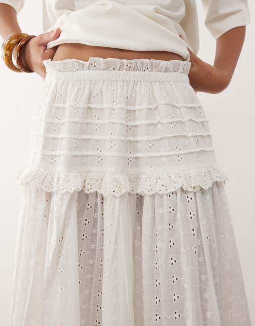 Reclaimed Vintage - Midirok met elastische taille en broderie in wit, 5 van 5