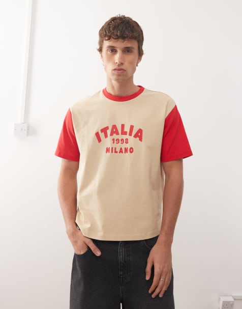 Reclaimed Vintage Milano cropped boxy t-shirt with contrast sleeves in beige - view 1