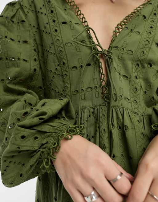 Reclaimed Vintage mini broderie dress with tie front in khaki, 3 of 4
