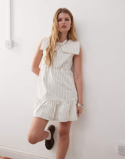 Reclaimed Vintage mini denim dress with sailor collar and frill hem in ecru pinstripe - view 1