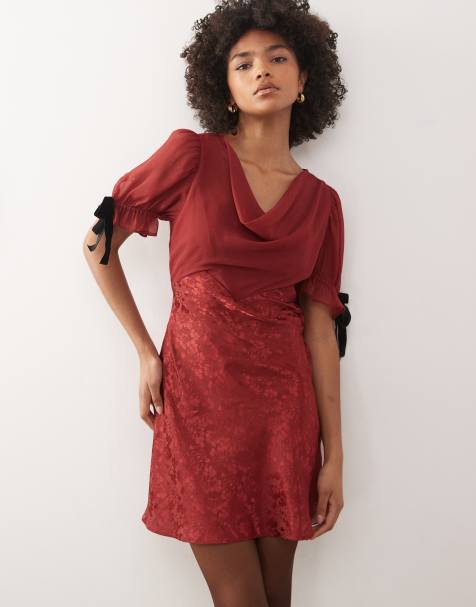 Reclaimed Vintage mini dress with bow puff sleeves in burgundy satin jacquard - view 1