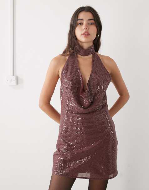 Reclaimed Vintage mini dress with cowl neck and choker detail in burgundy red sequin - view 1