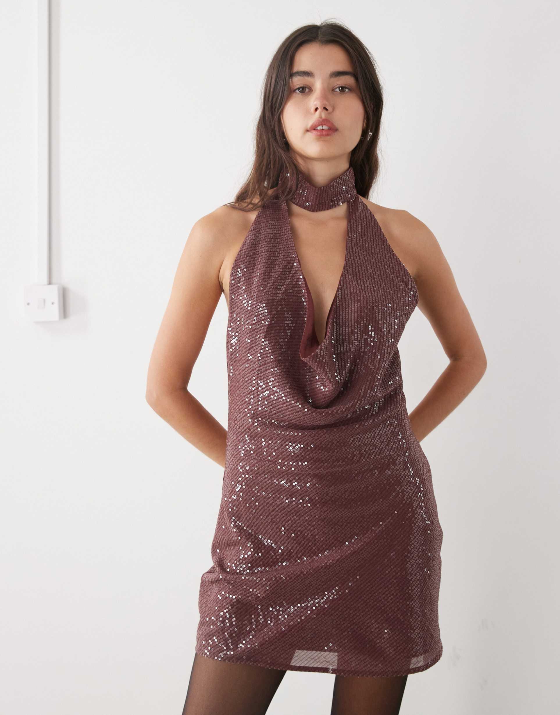 reclaimed vintage mini dress with cowl neck and choker detail in burgundy red sequin