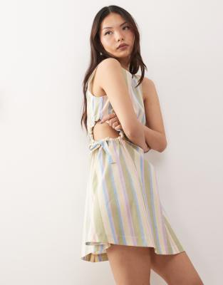 reclaimed vintage mini dress with cutouts and tie sides in linen look deck chair stripe