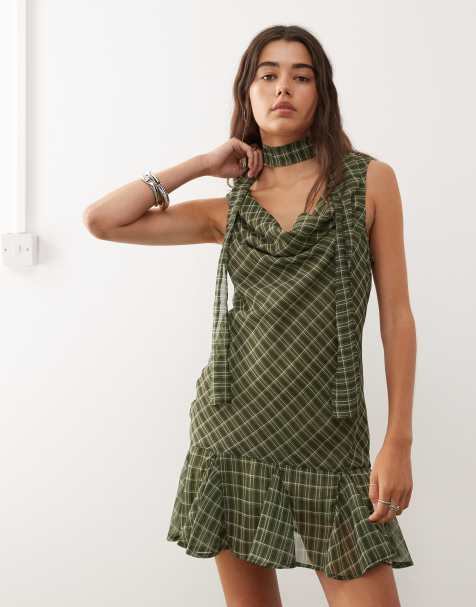 Reclaimed Vintage mini dress with dropped waist and scarf in green plaid print - view 1