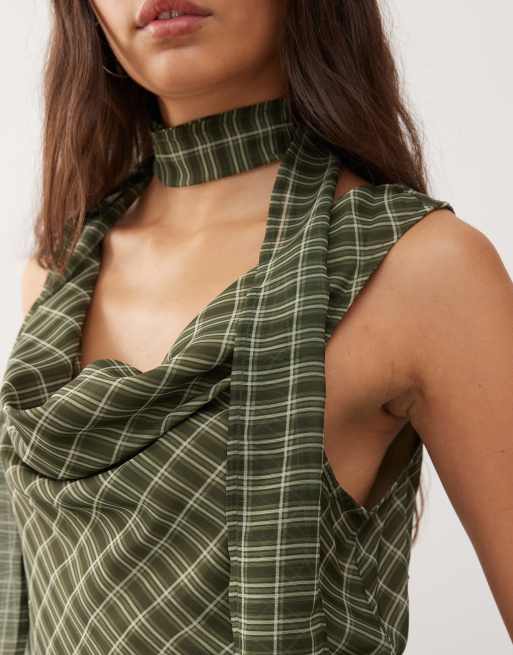 Reclaimed Vintage mini dress with dropped waist and scarf in green plaid print