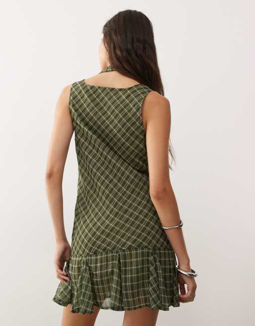 Reclaimed Vintage mini dress with dropped waist and scarf in green plaid print