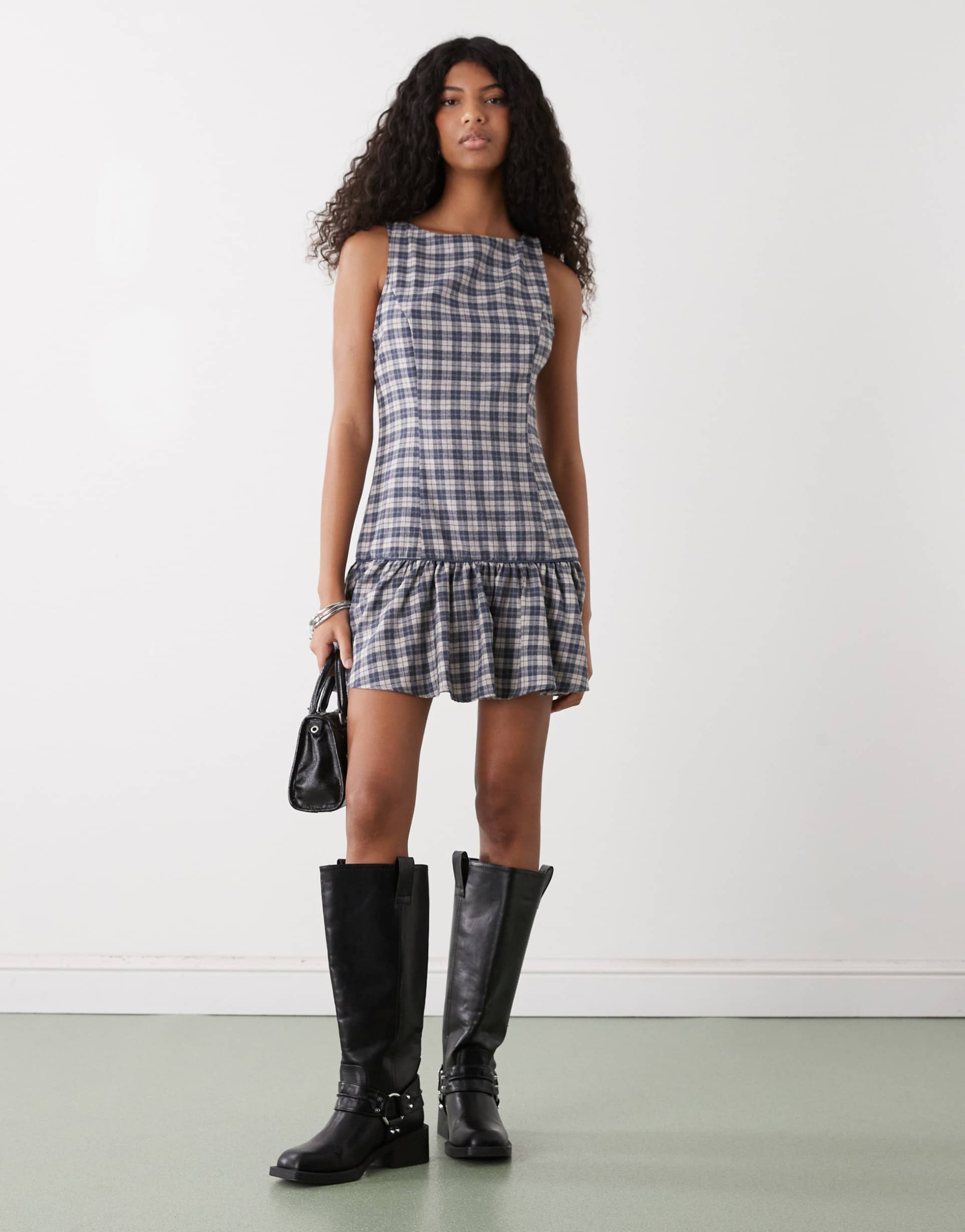 reclaimed vintage mini dress with dropped waist detail in blue plaid