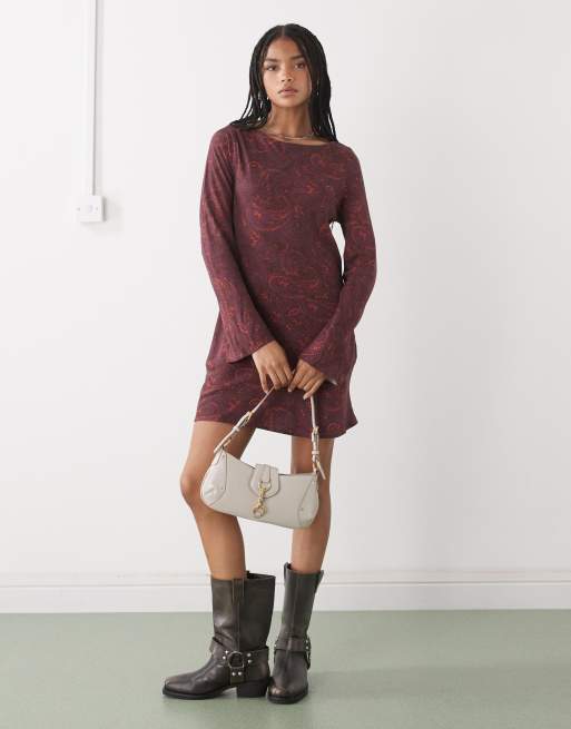 Reclaimed Vintage mini dress with flared sleeves in burgundy paisley print