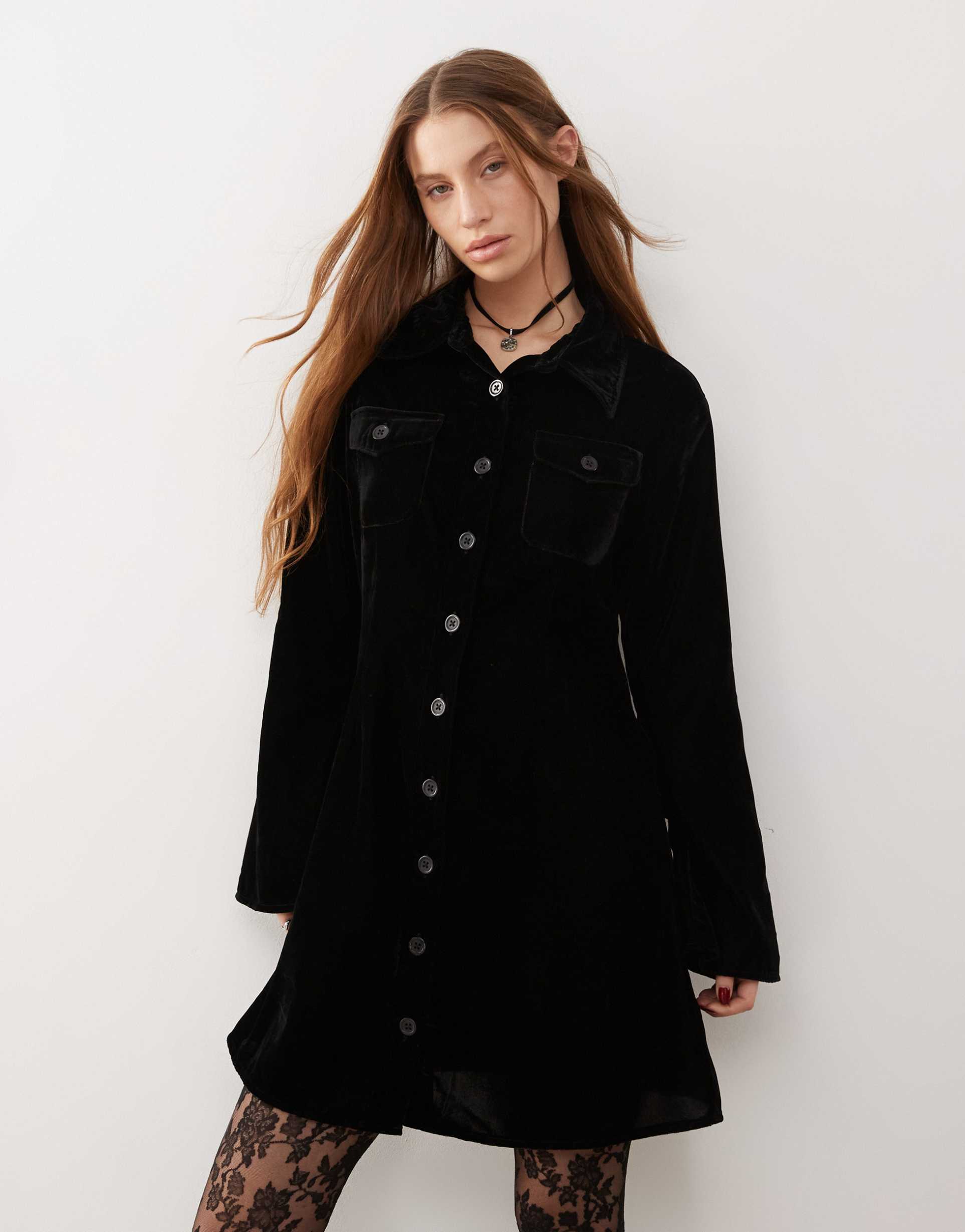 reclaimed vintage mini dress with long sleeves and collar in black velvet