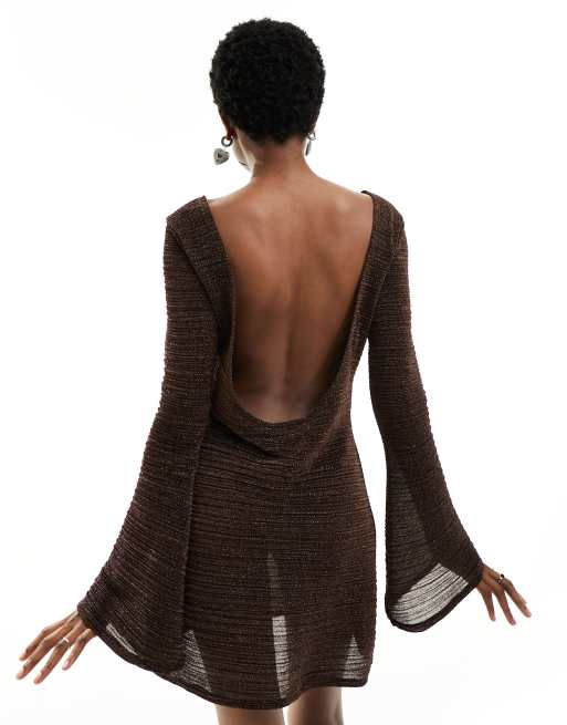 Reclaimed Vintage mini dress with low back in brown , 2 of 4