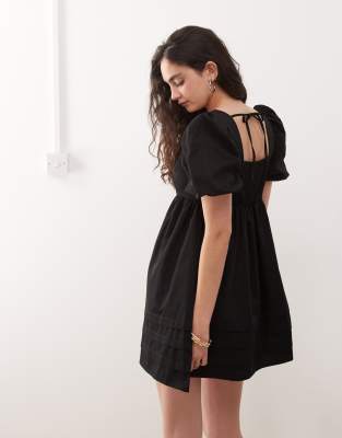 Reclaimed Vintage Mini Dress With Puff Sleeves And Pintucks