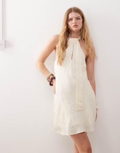 Reclaimed Vintage mini dress with scarf detail in cream satin jacquard - view 1